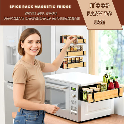 WY Family (4 Pack) Magnetic Spice Storage Rack Organizer for Refrigerator and Oven, 4 Strong Magnetic Shelf, Black Fridge Storage, Spice Rack Organizer, Metal-Bamboo