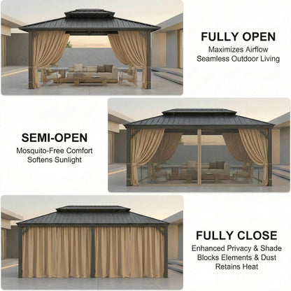 HOTEEL 10x12 Hardtop Gazebo Hot Tub Gazebo with Flame-Retardant Curtain Netting, Heavy Duty Pavilion with Galvanized Steel Double Roof, Aluminum Frame Outdoor Canopy for Patio, Party