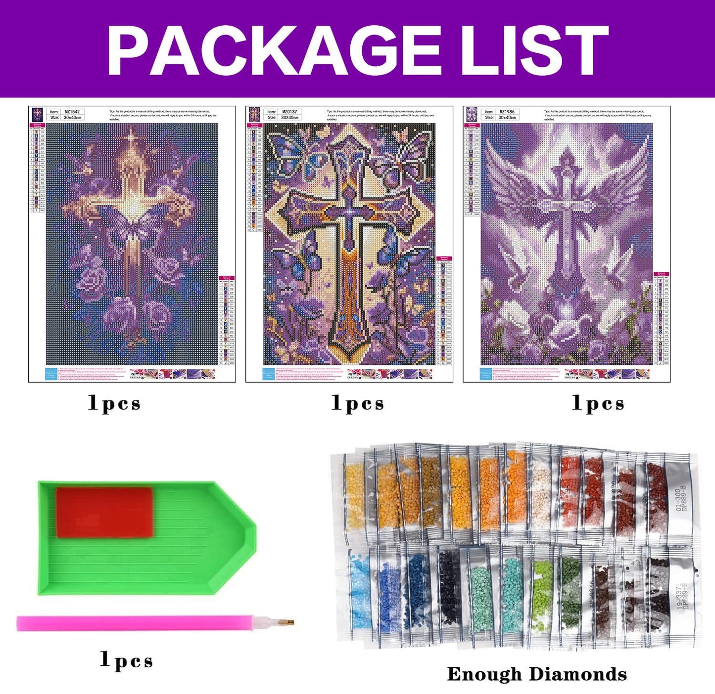 croshom Cross Diamond Art Kits for Adults, 3 Packs Cross Diamond Painting Kits for Adults, 5D DIY Religious Full Round Drill Gem Craft for Adult Gifts, Home Wall Decor 11.8" x 15.7"