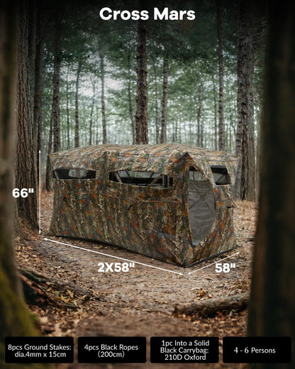 Hunting Blind 270 Degree See Through Ground Blind for Turkey Deer Hunting, 4-6 Person Camouflage Pop Up Hunting Blinds Ground Waterproof Portable Concealed Shelter with Silent Door and Carrying Bag
