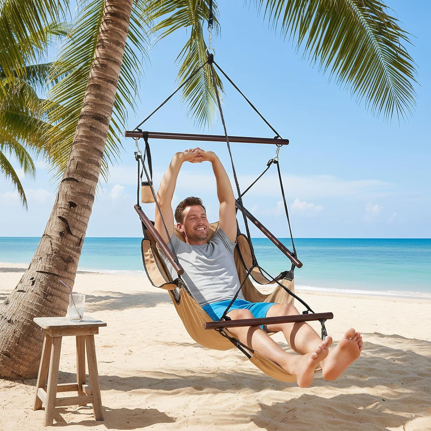 ONCLOUD Hammock Upgraded Unique Hanging Sky Chair, Air Deluxe Swing Seat with Rope (Tan)