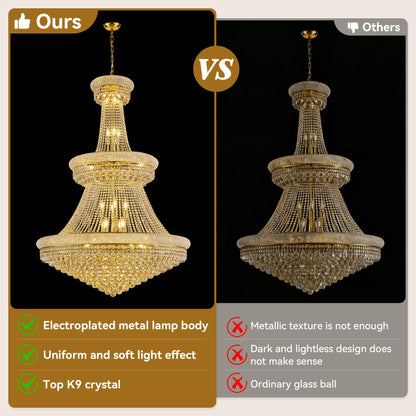 Dvasovio 42'' W Luxury 3-Tier Empire Crystal Chandelier, 36 LED Bulbs, 480 Hand-Strung K9 Crystals (4 Spares), 79-Inch Adjustable Chain, Ideal for Foyer, Staircase, Double-Height Living Room (Gold)