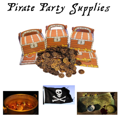 GRANITE MOUNTAIN PRODUCTS Treasure Chest Treat Boxes For Gold Coins, Candy | Pirate Party Supplies | 12 Treasure Chest Party Favor Box & 144 Gold Coins | Halloween Costume Accessory | Pinata Filler