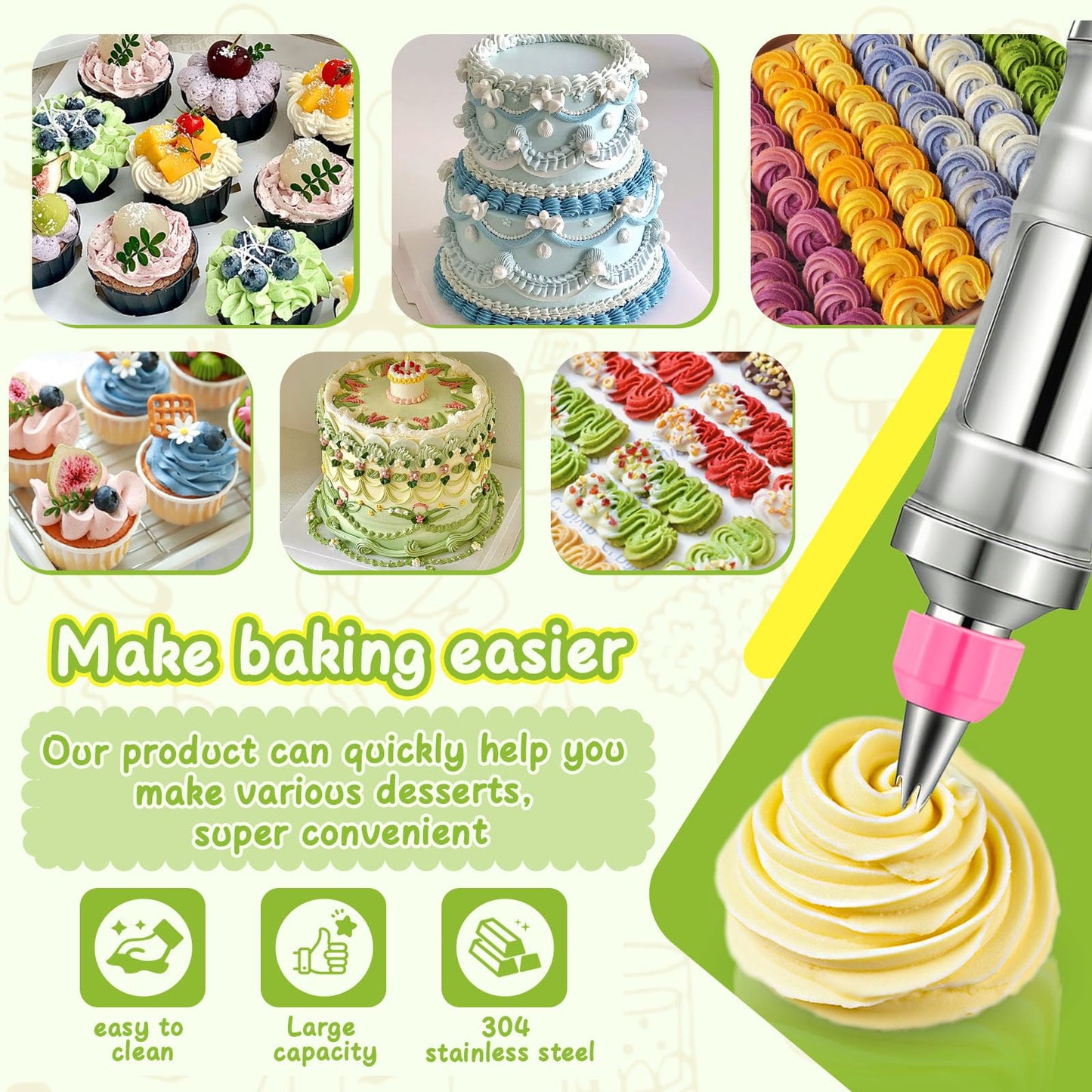 Hendiy Dessert Decorating Syringe Set, Frosting Piping Kit Stainless Steels Cake Decorating Kit with 6 Piping Tips & 9 silicone cupcakes, Cupcake Decorating Kit Piping Bags and Tips Set