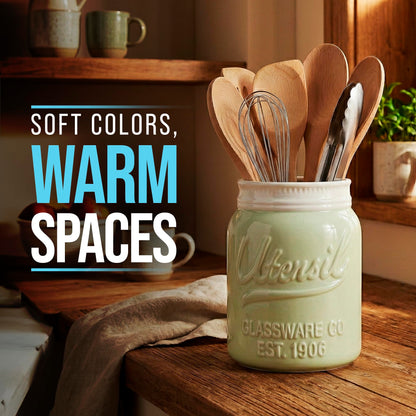 Comfify Wide Mouth Mason Jar Utensil Holder Decorative Kitchenware Organizer Crock, Dishwasher Safe - Kitchen Caddy Green, Large Size 7" Hight