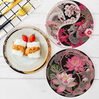 DIY Diamond Painting Placemats, Round Yin Yang Table Mats, 5.9 Inch, 4 Pack, Home Decor Craft Kit with Pen, Tray, and Clay Glue