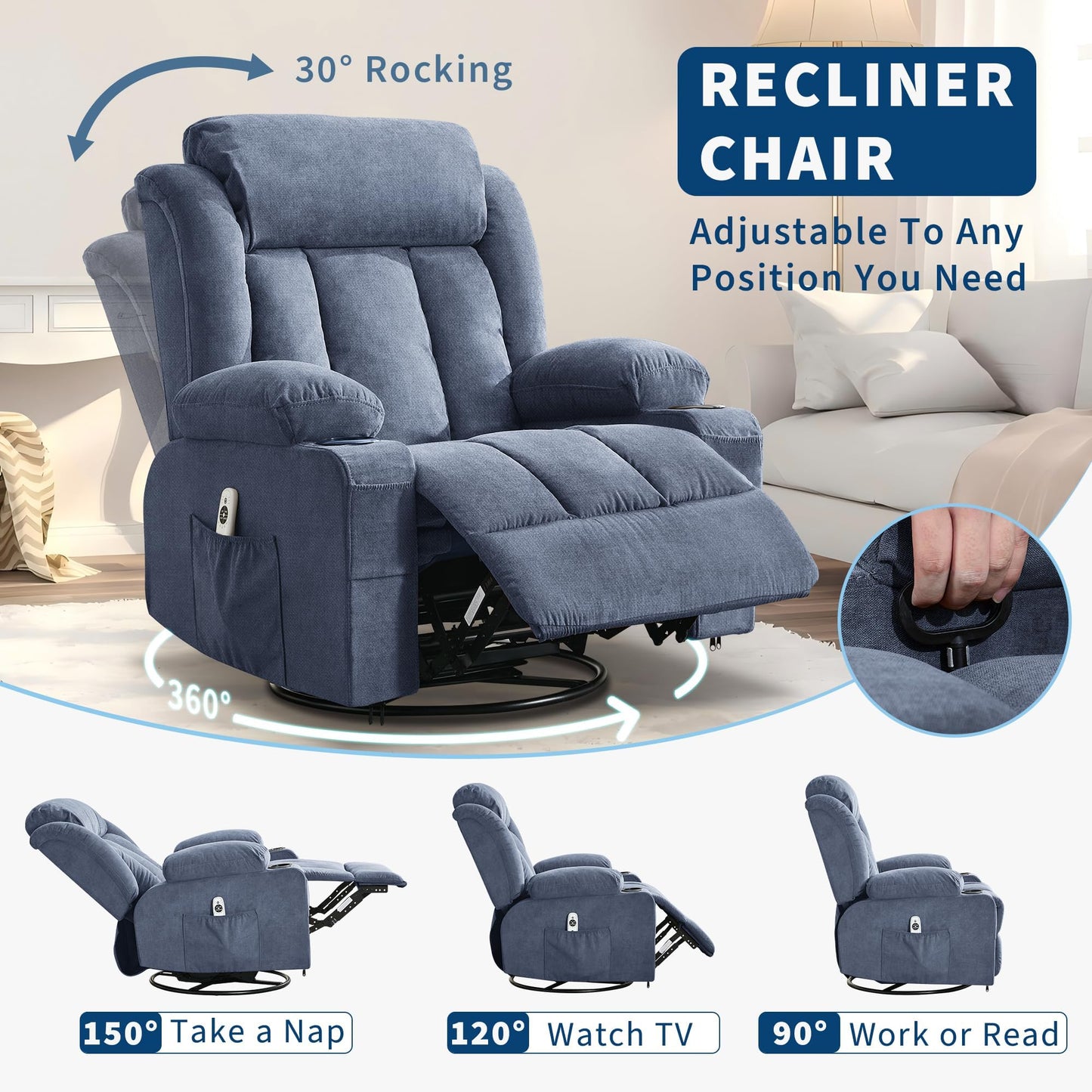 GarveeLife Rocking Recliner Chair for Nursery Glider Recliner with Cup Holder Swivel Rocker with Upholstered Deep Seat Comfy Single Sofa for Living Room Blue