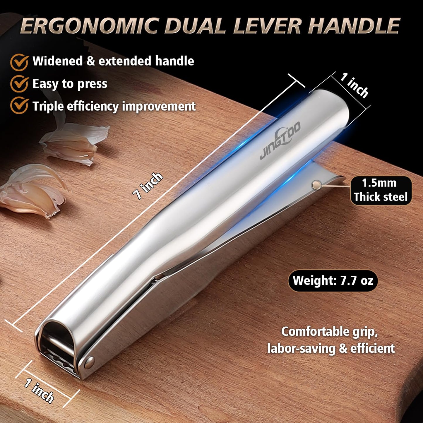 JINGTOO Garlic Press Stainless Steel, Premium Garlic Mincer - 5 Years Warranty - No Need to Peel Garlic Crusher, Ginger Masher & Presser Large Trough Ergonomic Handle, Easy Squeeze，Dishwasher Safe