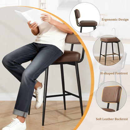 GarveeHome Bar Stools Set of 4, 26" Brown Faux Leather Counter Height Bar Stools with Backs, Modern Upholstered Barstool Chairs with Metal Legs for Kitchen Island, Home Bar, Dining Room