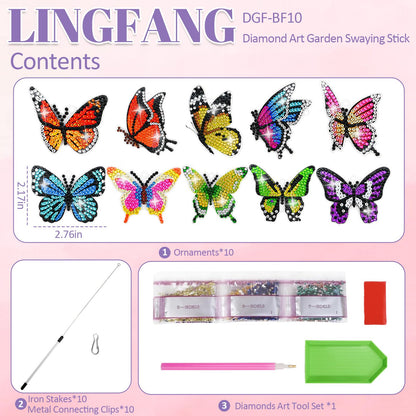 LINGFANG 10 Pcs Diamond Art Swaying in The Wind, Diamond Art Kits for Adults, High Flexibility Iron Garden Stakes Decor, Diamond Art Painting Crafts for Beginners, Woman Gift (Butterfly)
