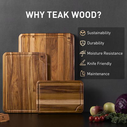 3 Pack Teak Wood Cutting Board Set for Kitchen Charcuterie Board Serving Heavy Duty Non Toxic Slip Over Sink Solid Thick Haus Wooden Chopping Board Large Big Small Meat Best Kitchen Essential Gift