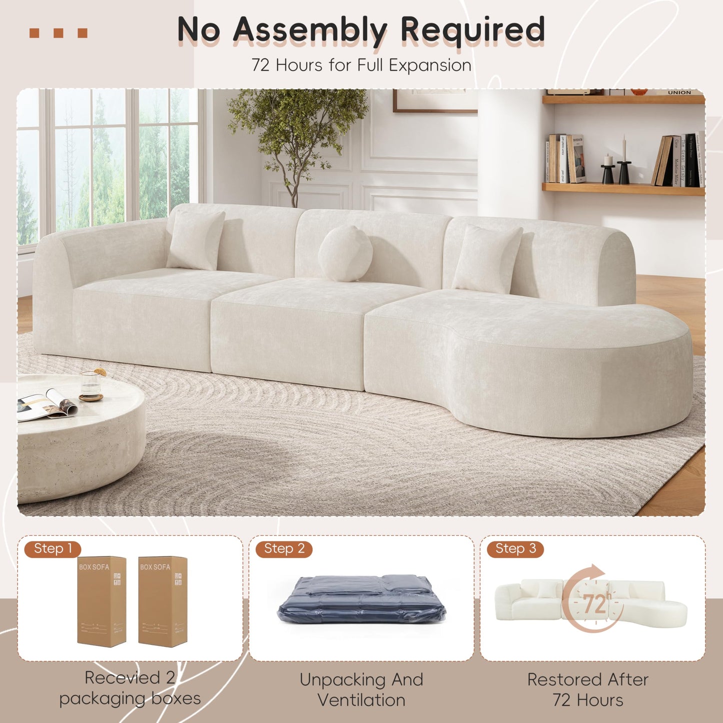 Merax 140" Curved Polyester Sectional Sofa Set, Modern Cloud Couch with Chaise Lounge & 3 Pillows, Fully Assembled for Living Room, Beige