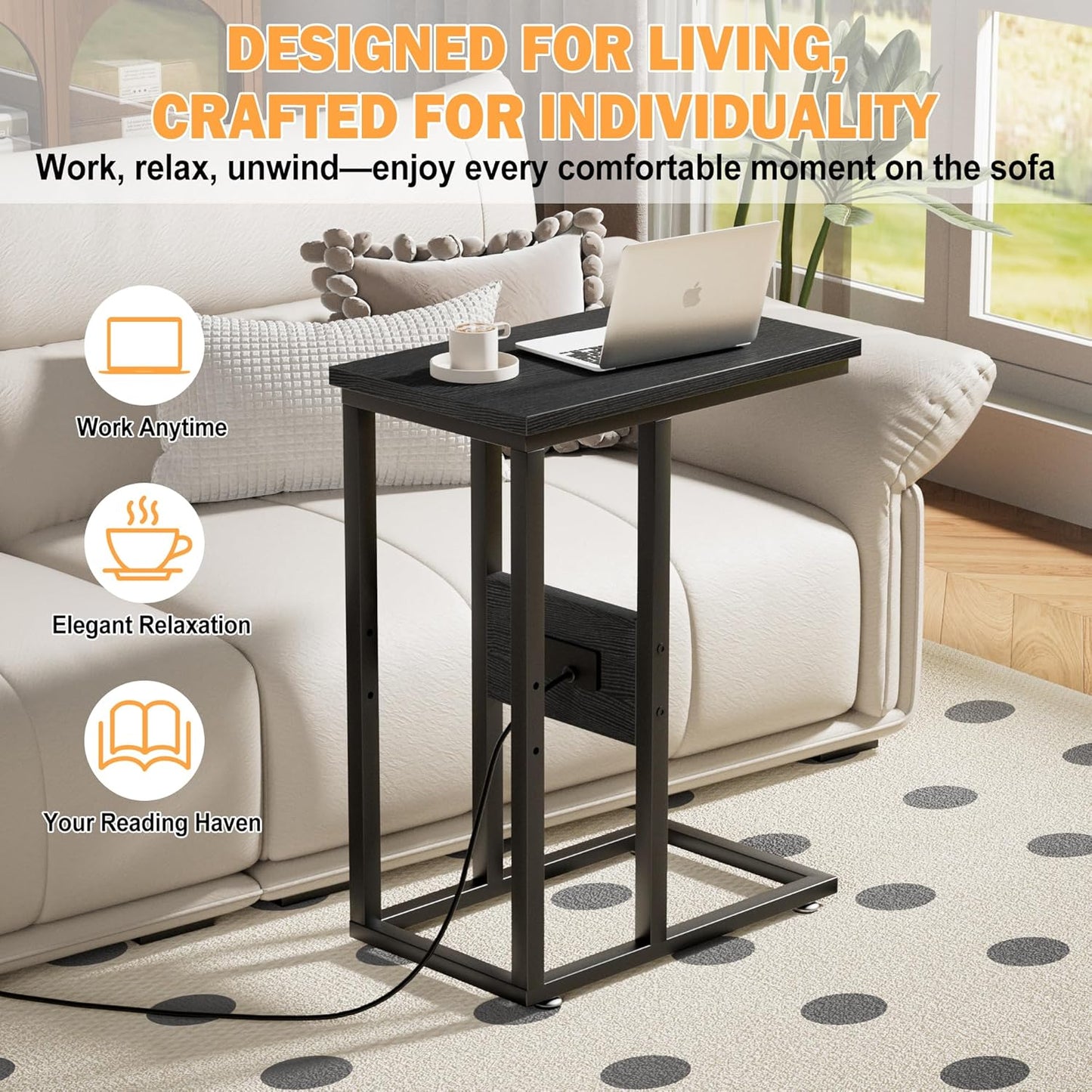 1 Set,Black VECELO C Shaped End Table with Charging Station & Power Outlets, Quick Access Side Table for Sofa, C