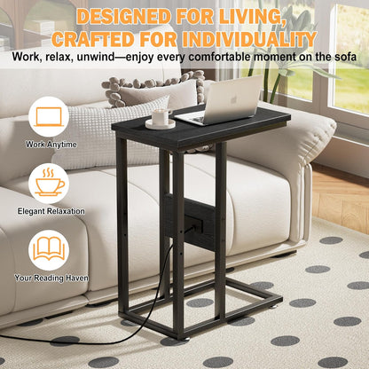 1 Set,Black VECELO C Shaped End Table with Charging Station & Power Outlets, Quick Access Side Table for Sofa, C