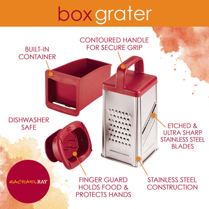Rachael Ray Tools and Gadgets Stainless Steel Box Grater for Vegetables, Chocolate, Hard Cheeses, and more, Red(9.43 x 8.84 x 8.06 inches)