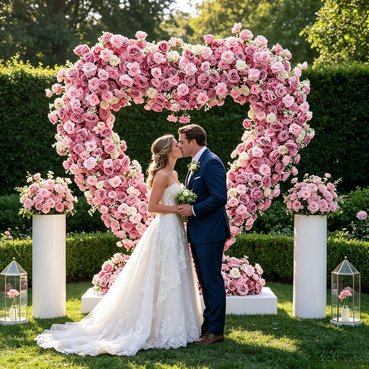 6.56x6.56ft Heart-Shaped Artificial Flower Arch Backdrop with Fabric Base, Floral Decor for Wedding Arch, Ideal for Birthday Banquets & Outdoor Party Scene Decoration (Pink, Arch Frame Not Included)
