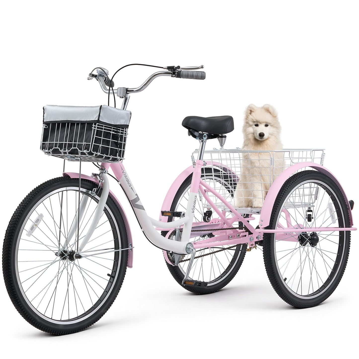 VIRIBUS Adult Tricycles for Women, Single Speed Tricycle for Adults with Front & Rear Detachable Wheeled Baskets, 3 Wheel Bikes for Adults Seniors 1 Speed, 400 lb. Capacity Three Wheeler, 26 in. Pink