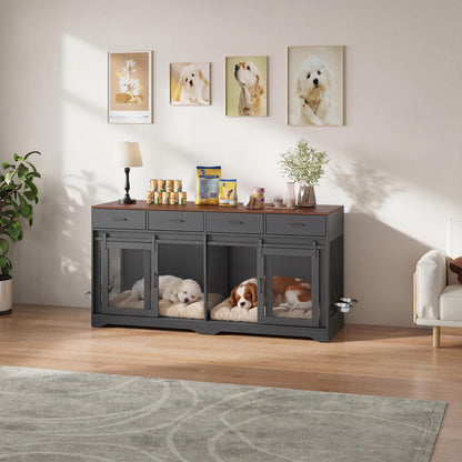 Garvee Double Dog Crate Furniture, 71'' Large Dog Crate Furniture for 2 Dogs with 4 Sliding Doors and 4 Drawers, Dog Kennel Furniture for Large Dogs Indoor with Feeding Bowls, Black