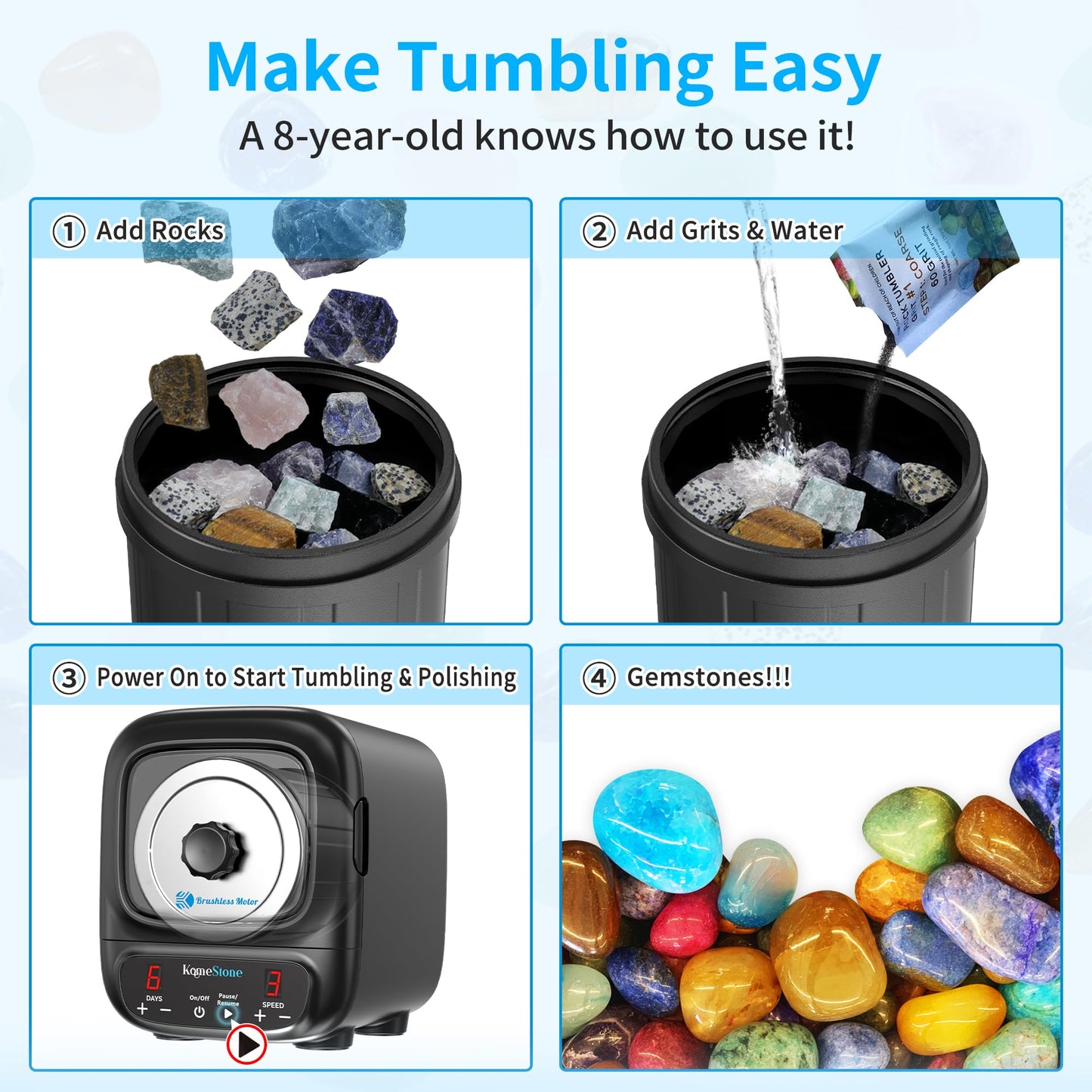 KomeStone K2 Elite Professional Rock Tumbler Kit, Ultra Quiet & Cutting Edge Brushless Motor Rock Polisher for Adults & Rock Collector, Noise-Reduction, Extra Large 3 Lbs Barrel, STEM Gift for All Age