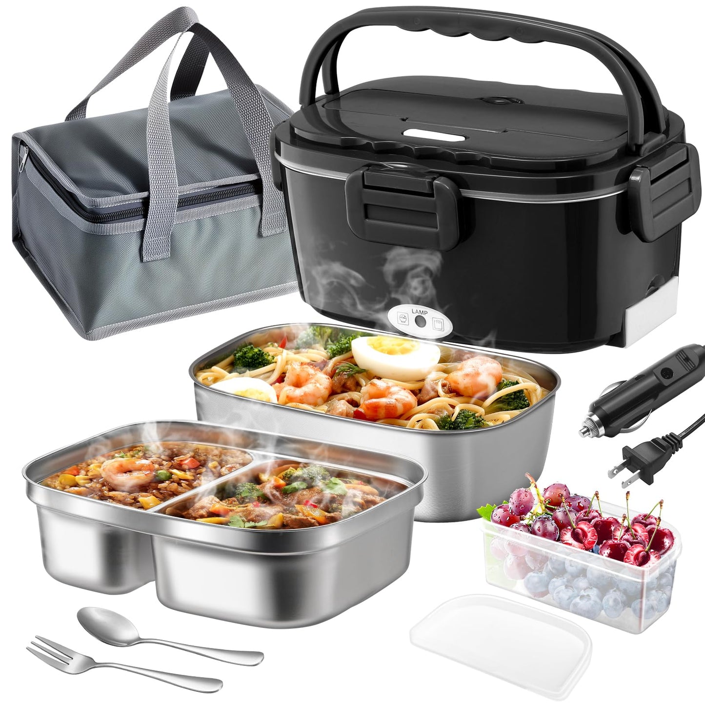 Vidaskeci Electric Lunch Box for Adults 100W Fast Heated Lunch Box for Men Women with Dual 1.5L Stainless Steel Containers Fast Heating Portable Food Warmer 12V/24V/110V Lunch box, Home/Office/Truck