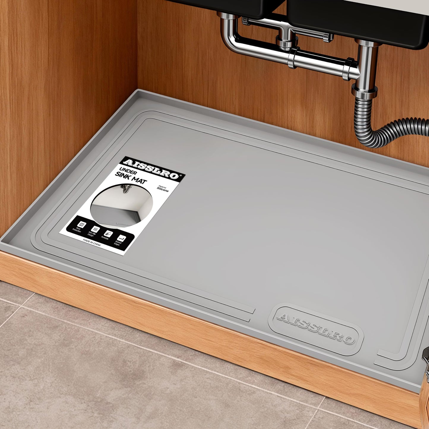 Aisslro Under Sink Mat 22" X 19", Waterproof Silicone Cabinet Organizer Protector with Raised Edge, Kitchen & Bathroom Leak Tray, Shelf Liner & Pet Feeding Mat for Dog Cat Food Mats, Gray