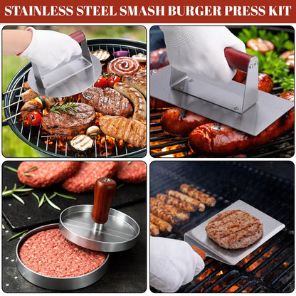 Acellegic 6 Pcs Smashed Burger Press Kit, 6.3" Round & 8" x 4.3" Rectangle Stainless Steel Burger Press for Meat, Patty Maker Spatula Seasoning Shaker Patty Paper for Cookout, BBQ, Griddle, Grill