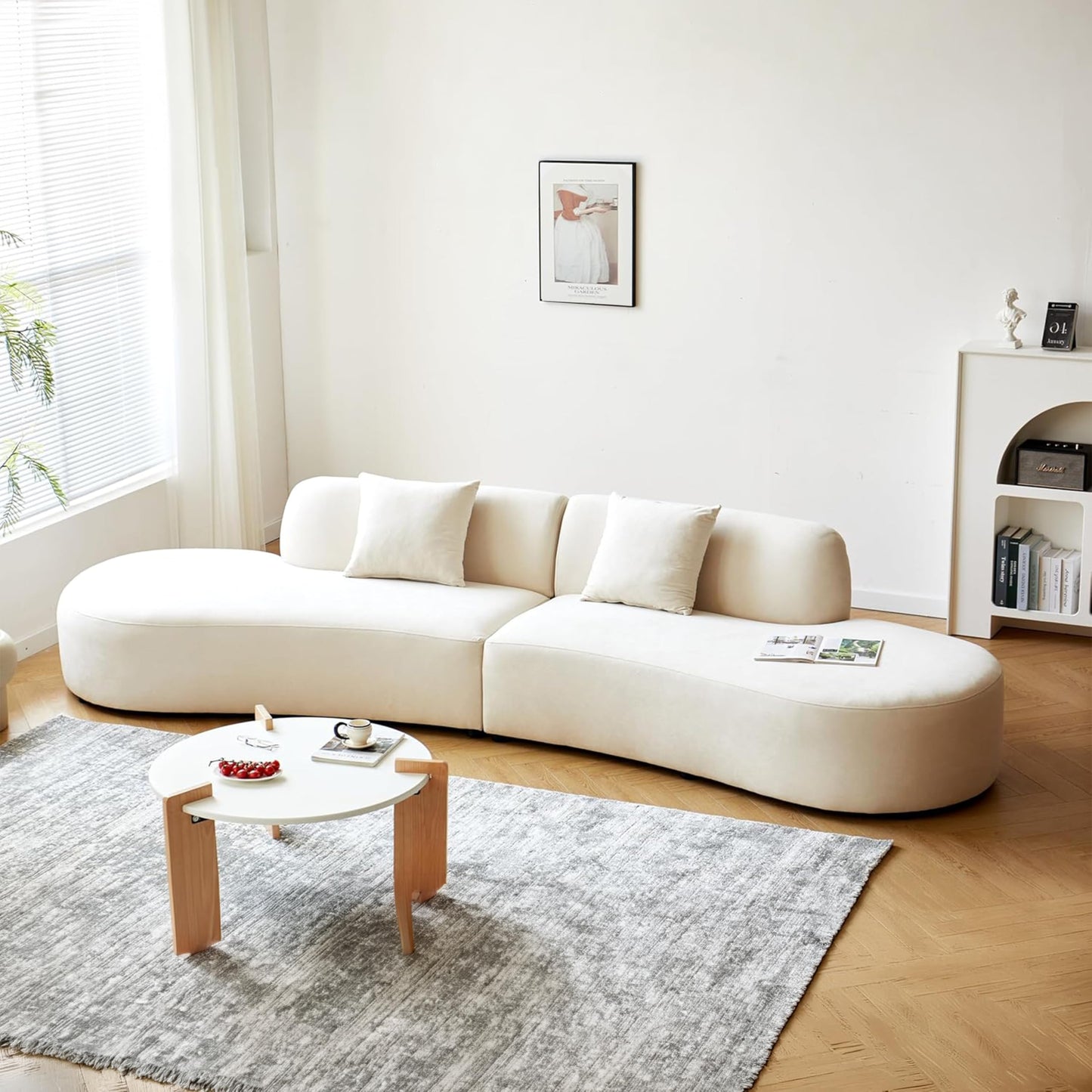 Container Furniture Direct 132" Curved Sofa with Throw Pillows, 6 Seater Luxury Velvet Couch with Half Moon Design and High-Density Foam, Ideal for Modern Living Room, Office & Apartment, Ivory