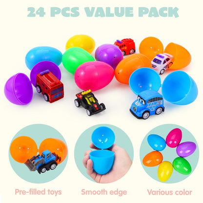 JOYIN 24 Pcs Filled Easter Eggs with Pull Back Construction Cars, Prefilled Easter Egg with Vehicle for Kid Boys, Basket Stuffers/Fillers, Party Favor, Classroom Prize Supplies