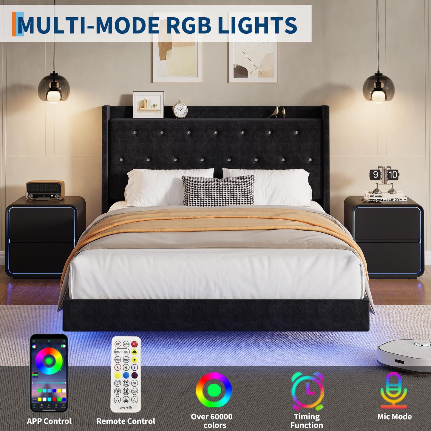 GAOMON Floating Bed Frame Full Size with LED Lights, Velvet Upholstered Platform Full Bed Frame with Wingback Storage Headboard, No Box Spring Needed, Easy Assembly, Black