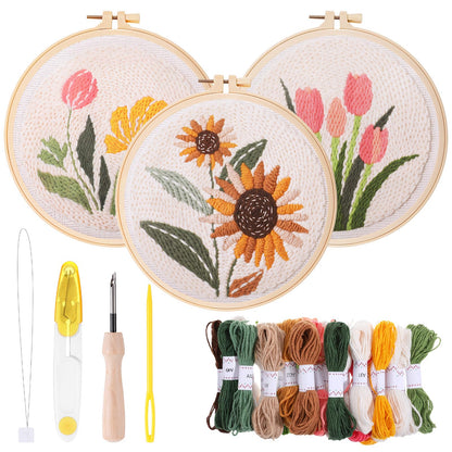 HANLANXUE Punch Needle Kit Adults Beginners, 3 Pcs DIY Easy Flower Embroidery Set for Starter Art Craft, Needling Punching Project with Patterns, Tools, Yarns, Hoop, Instruction