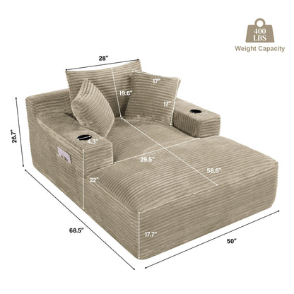 Oversized Chaise Lounge Chair Indoor with Cup Holders & Side Pocket, 50"W x 68"D Plush Corduroy 30D High Density Sponge Boneless Chair with Thickened Backrest Comfy Reading Chair - Light Camel