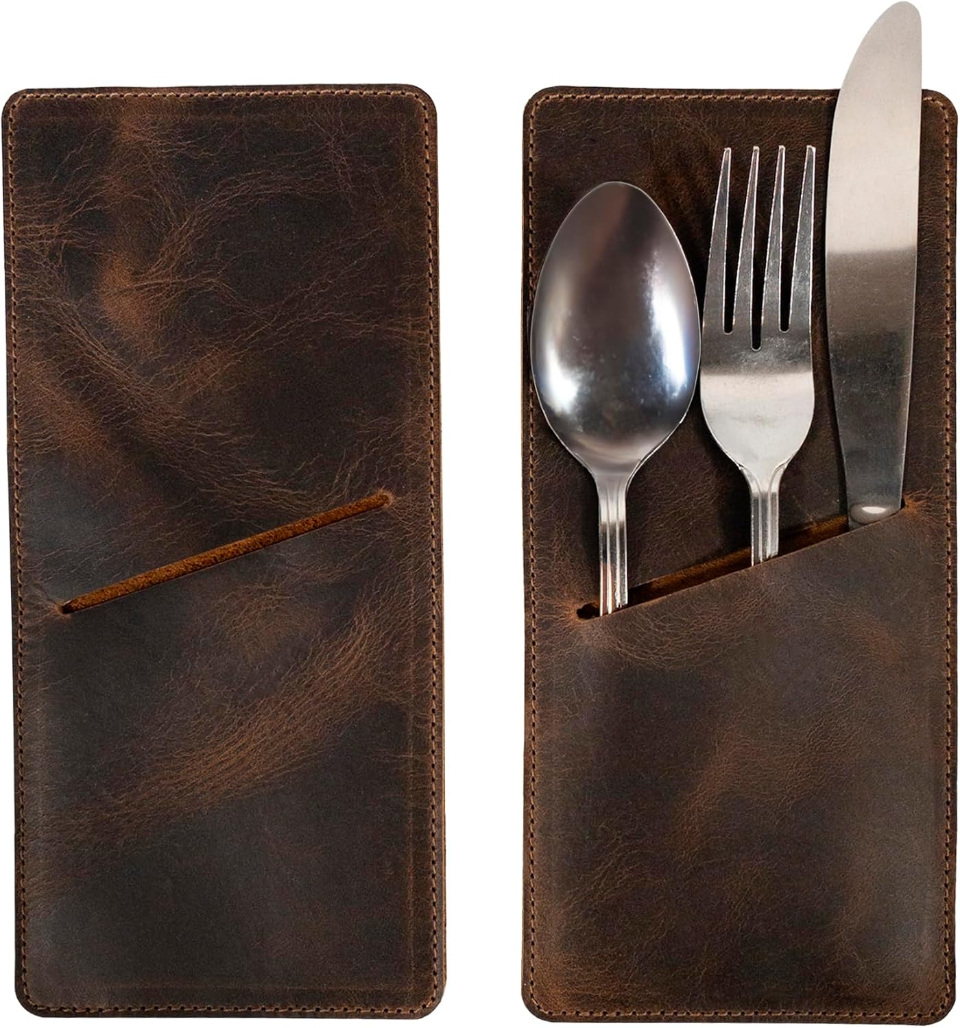 Set of 2 Rectangular Cutlery Sleeves, Utensils Place Setting, Silverware Holder, Full Grain Leather, Handmade, Bourbon