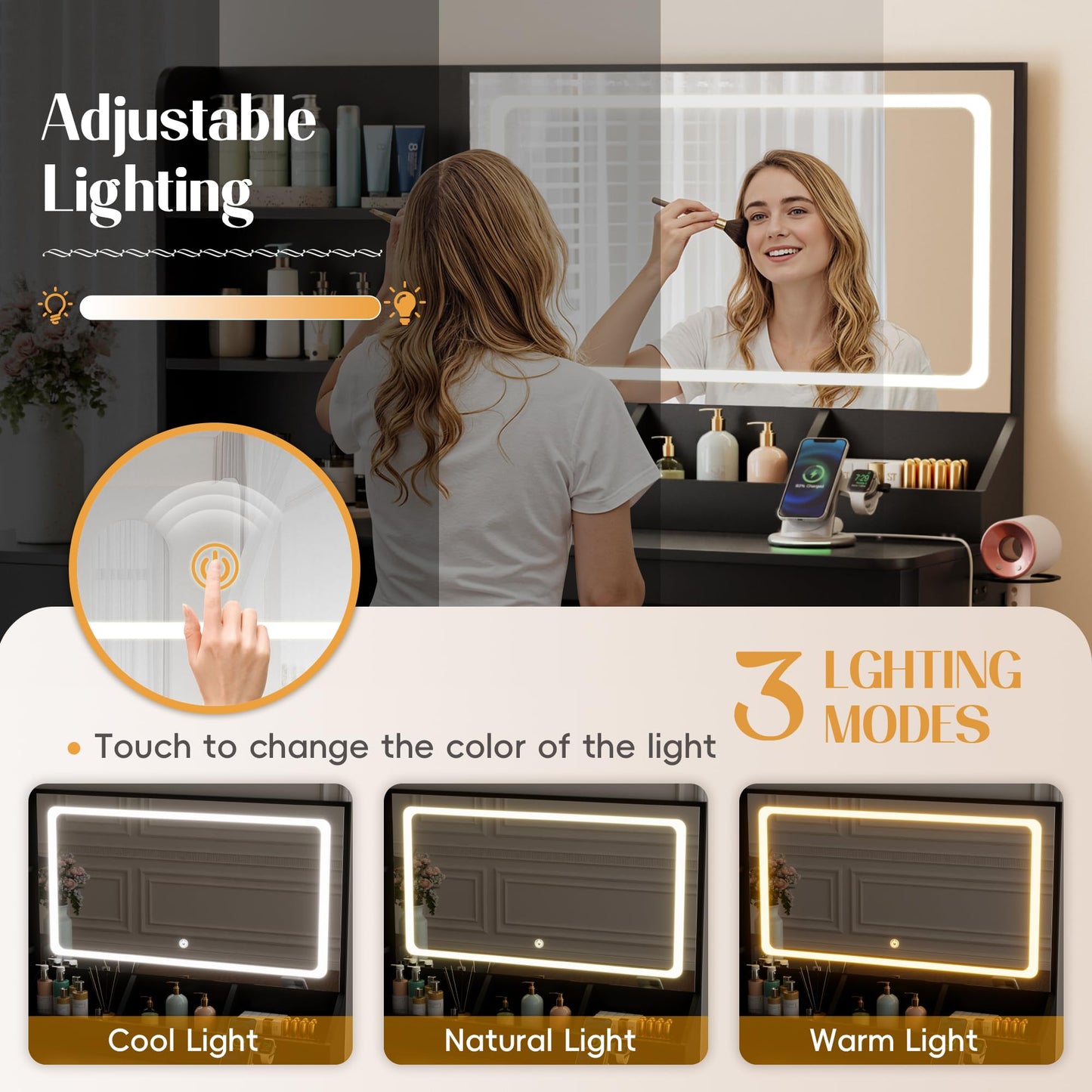 YESHOMY Vanity Desk with Lights and Mirror, L Shaped Makeup Table, Dresser with Hairdryer Holder and Power Outlet, Adjustable 3 Lighting Modes, 5 Drawers and Adjustabled Open Storage Shelves, Black