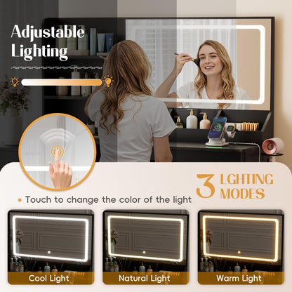 YESHOMY Vanity Desk with Lights and Mirror, L Shaped Makeup Table, Dresser with Hairdryer Holder and Power Outlet, Adjustable 3 Lighting Modes, 5 Drawers and Adjustabled Open Storage Shelves, Black