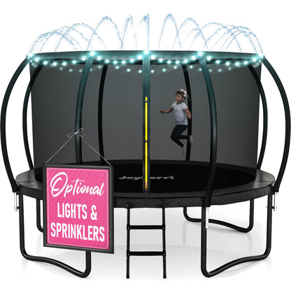 JoyBerri Trampoline Outdoor - Upsurge ASTM Certified Safe 8Ft 10Ft 12Ft 14Ft 15Ft 16Ft Recreational Trampoline for Kids and Adults. Anti-Rust Coating with Enclosure Net, Ladder, Sprinkler & LED Lights