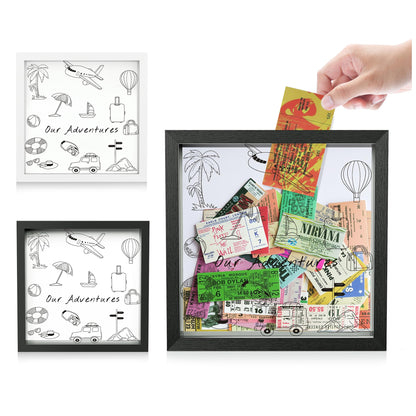 Jackma Travel Tickets Collection Shadow Box Frame, Funny Display Box for Collecting Tickets of Sporting Travelling Events – Piggy Bank Frame Memory Box with Slot on Top, Black 12x12”