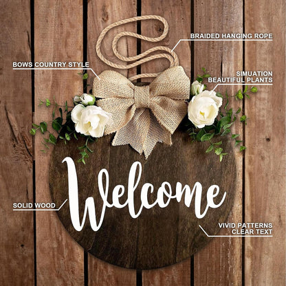 MayAvenue Welcome Wreaths Decor Sign, Round Wood Hanging Sign with Ribbon Bow and Green Leaves for Front Door