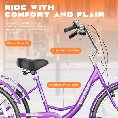 Max4out Adult Tricycle with Large Basket 24/26 Inch, Stable 3-Wheel Cruise Bicycle for Shopping, Beach and City Trike Perfect for Men, Women, Seniors, 26 Purple