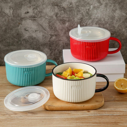 Seyatoo Soup Bowl with Handle, 5.6 inch Ceramic Soup Mug with Lid, Large Microwave Soup Cup Ramen Bowl for Oatmeal, Salad, Ramen and Instant Noodles, Red