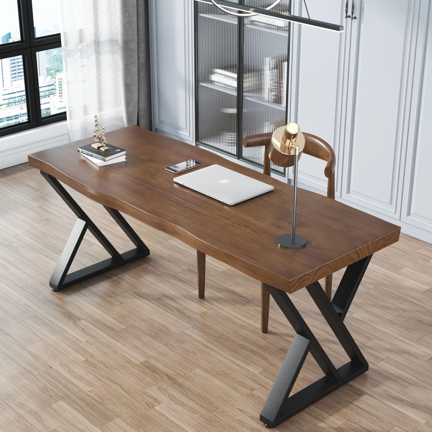 Sihtengxxhongs Rustic Style Solid Wood 55-inch Computer Desk - Large Office Desk for Home Office, Modern and Simple Design, Ideal for Study, Writing, Dining