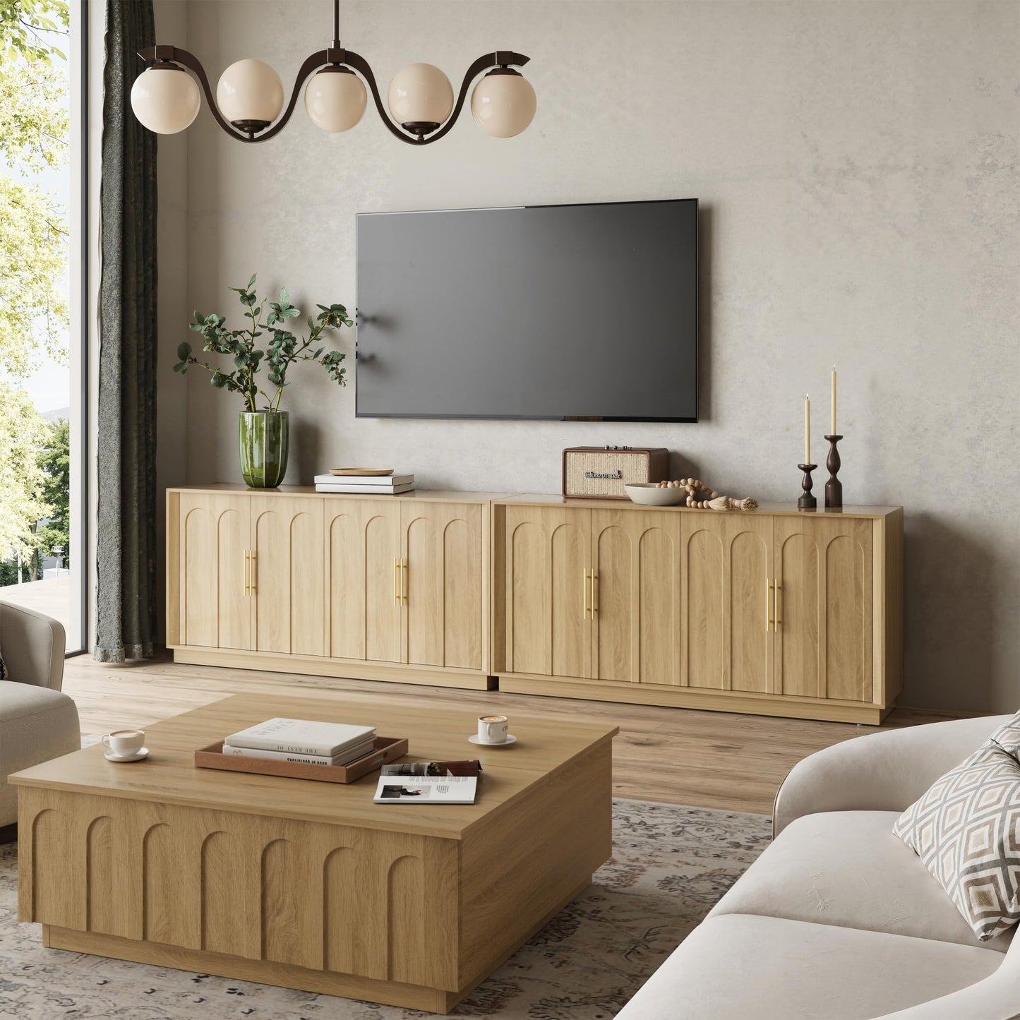 FORTUNETEC Sideboard Buffet Cabinet with Storage, Modern Accent Cabinet with Arched Doors, Boho Modular Media Console, 67" Large Minimalist Credenza for Living Room Kitchen Dining Room Entryway, Oak
