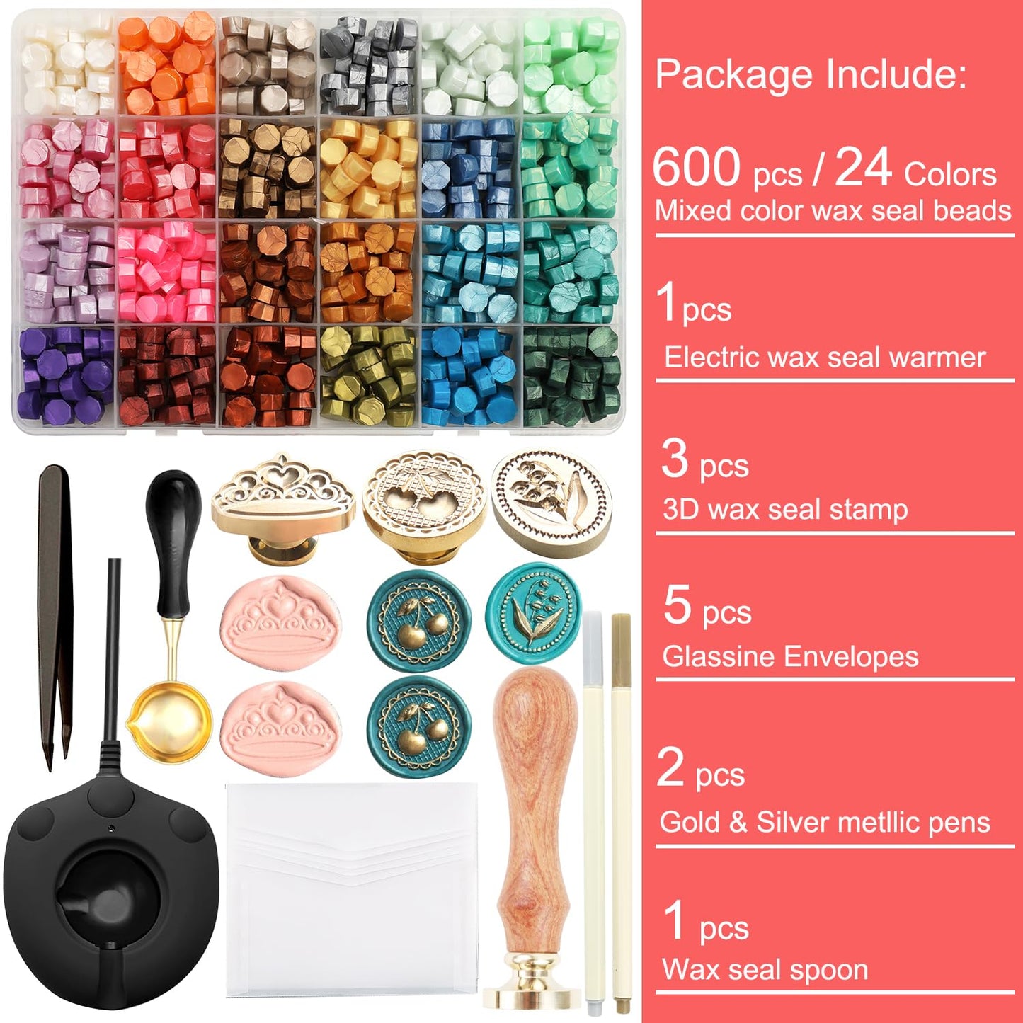 Wax Seal Electric Kit with 24 Colors Wax Seal Beads 600pcs, 3pcs (Cherry/Heart Crown/Lily of the valley) Stamps with Electric Warmer Set for Sealing Invitation, Christmas, Gift Wrapping (3D Stamp Kit)