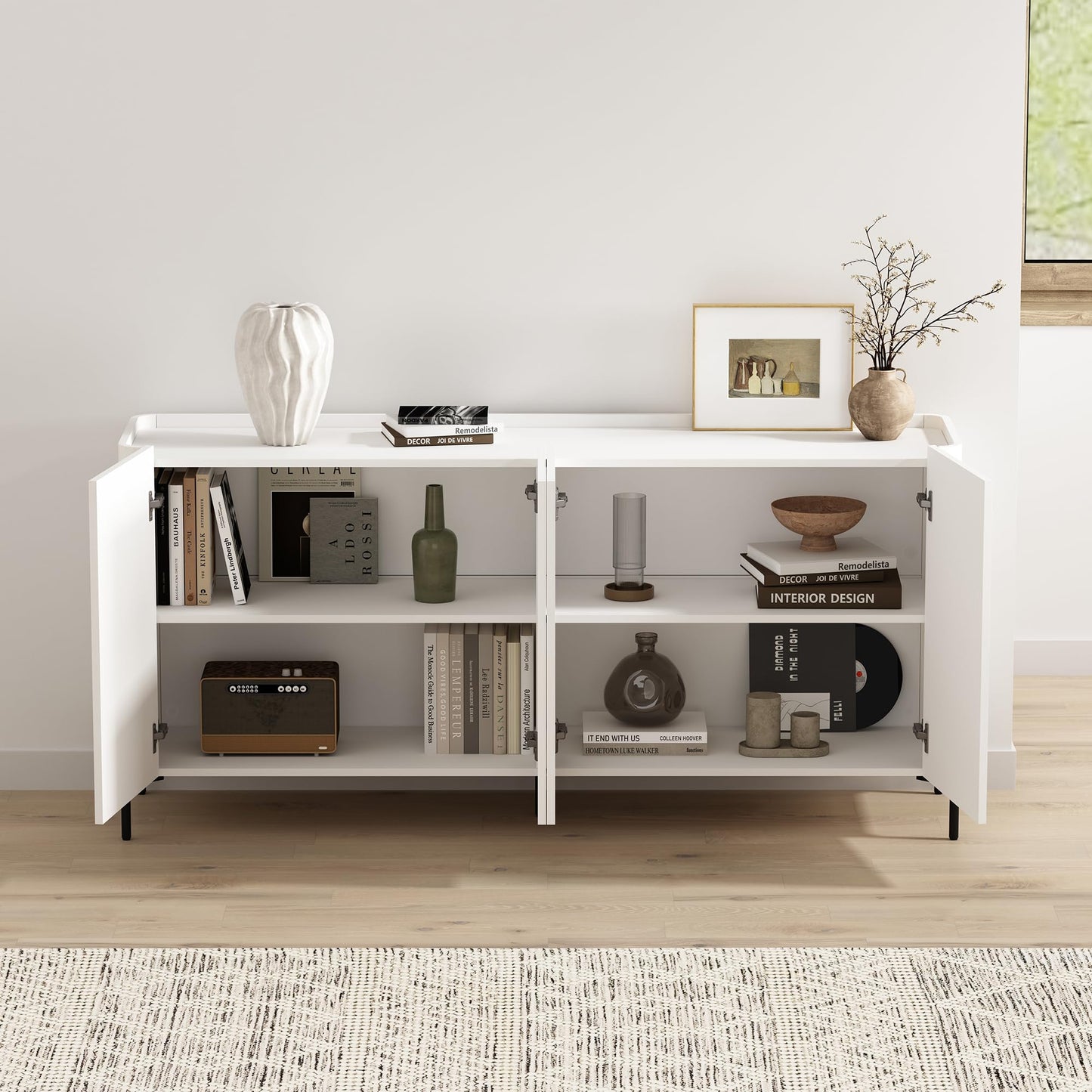Manhattan Comfort Abbey 67" Sideboard Cabinet, Modern Console Table with Storage, Adjustable Shelves, Kitchen Buffet, Soft Close Doors, Handle-Free Design, Elevated Metal Legs, White