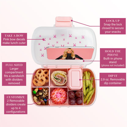 Paris Hilton 2-Pack Bento Style Snack Boxes, 7-Compartment Lunch Containers with Built-In Phone Stand, Removable Dividers and Dip Containers, Pink Bow Print