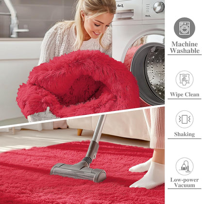 OLANLY Small Bedside Rug - Soft Fluffy Shaggy Indoor Carpet for Bedroom & Nursery | Red 2x3 ft