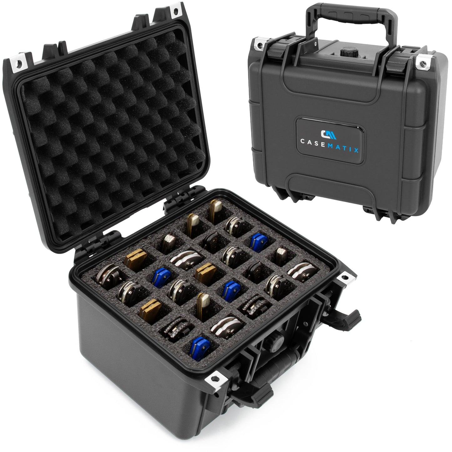 CASEMATIX 25 Folding Knife Case - Waterproof Knife Blade Holder and Knife Box Organizer Fits 25 Folding Knives and Swiss Army Knives Precut to Fit 4.0" to 5.5" Folded in Lockable Knife Storage Case