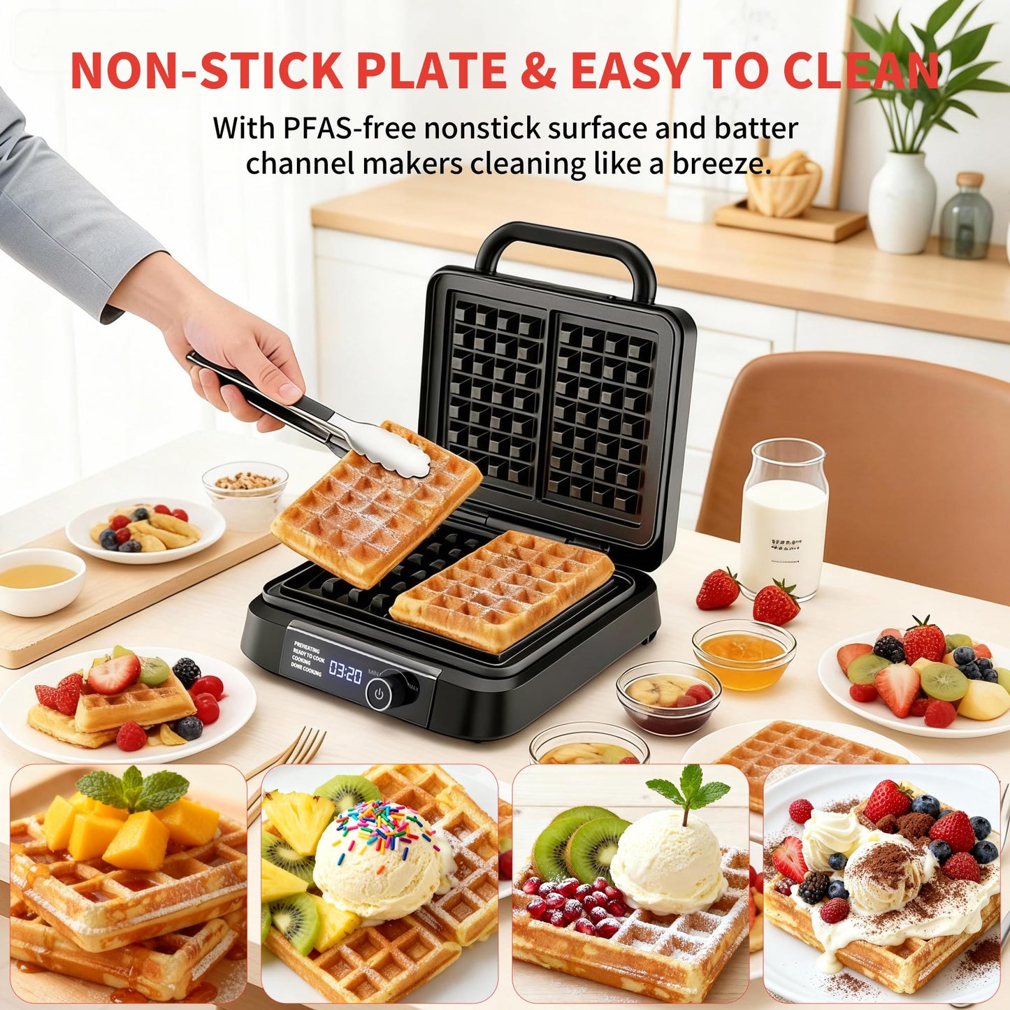 Waffle Maker, 1200W Belgian Waffle Maker, Dual Rectangular Thick Waffle Iron, 7-Level Browning LED Panel, Nonstick Plates, Anti-spill Design, Audible Ready Beep, Easy Cleanup, Stainless Steel