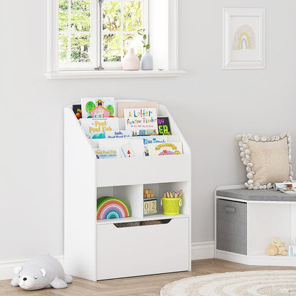 UTEX Kids Bookshelf with Movable Toy Box, Toddler Book Shelf and Toy Storage, Children Book Display Rack Toy Chest Combo for Kids Room & Nursery, White