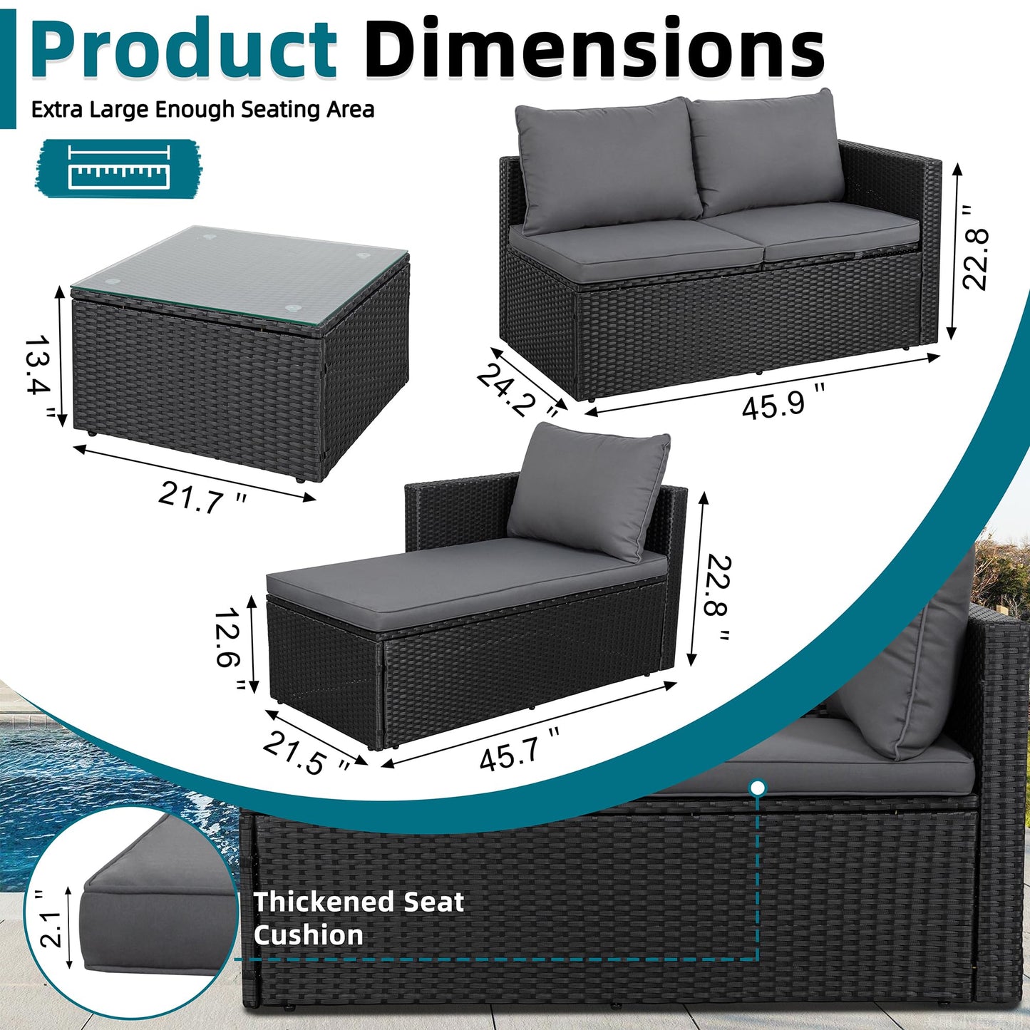SUNLEI Patio Furniture Set with Detachable Soft Cushions, All Weather Outdoor PE Rattan Patio Conversation Sofa Set, Black Rattan/Grey