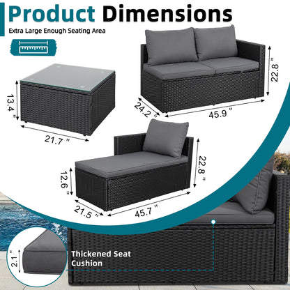 SUNLEI Patio Furniture Set with Detachable Soft Cushions, All Weather Outdoor PE Rattan Patio Conversation Sofa Set, Black Rattan/Grey